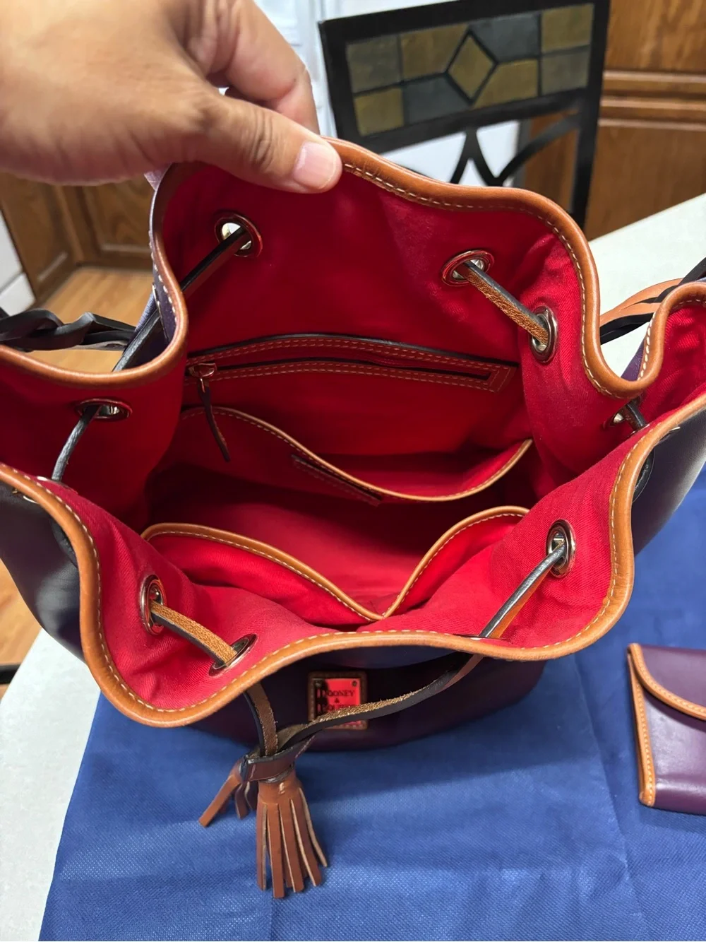 Dooney & Bourke Plum Leather Drawstring Hobo with Tan Trim